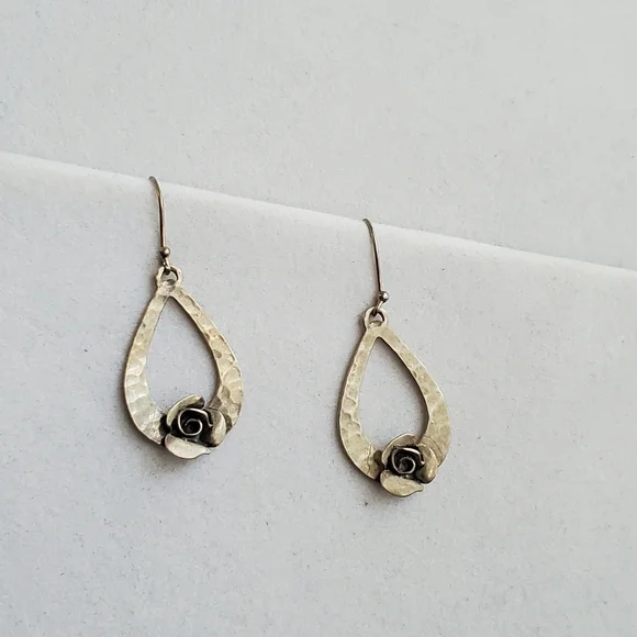 RL Israel Matte Sterling Hammered Teardrop Earrings with Roses - Picture 4 of 8
